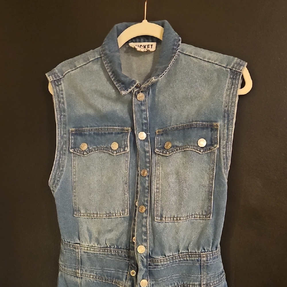 Denim Sleeveless Jumpsuit with Button Front